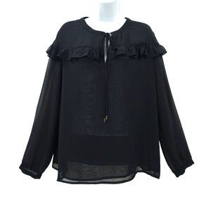 Calvin Klein Blouse Flowy Semi-sheer Size L Navy Blue NWT Ruffle Pullover Top